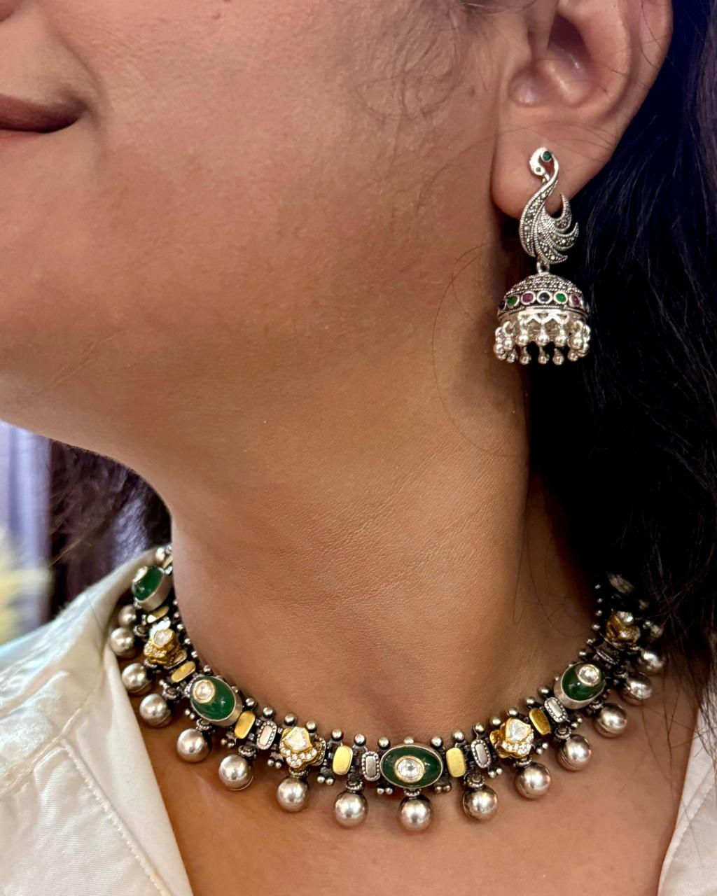 Sterling silver Royal Heirloom choker necklace with green stones, gold accents, and ghungroo silver beads – AplusR Jewelry