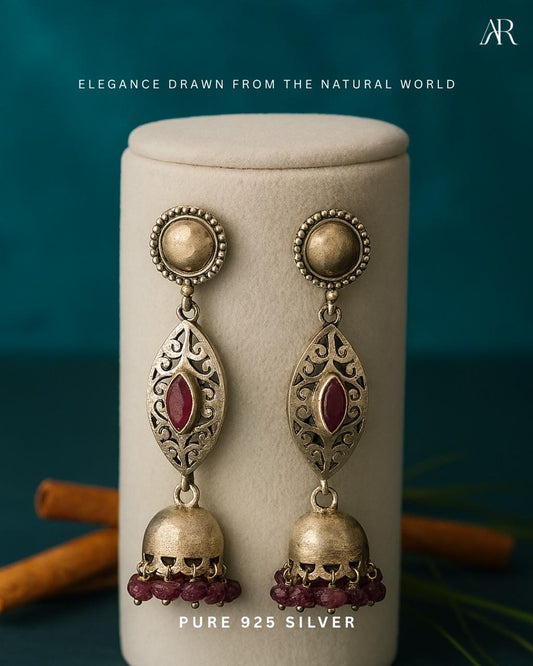 Antique 925 Silver Drop Earrings with Ruby Red Gemstone & Jhumka Beads