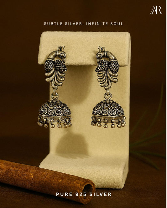 Antique Floral Jhumka Earrings in Pure 925 Silver