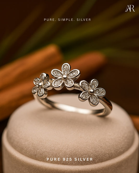 Sterling silver Blossom Shine floral ring with cubic zirconia accents in triple-flower design – AplusR Jewelry