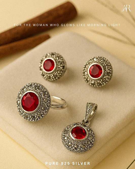 Crimson Glow Pendant Set (Earrings, Ring & Pendant)