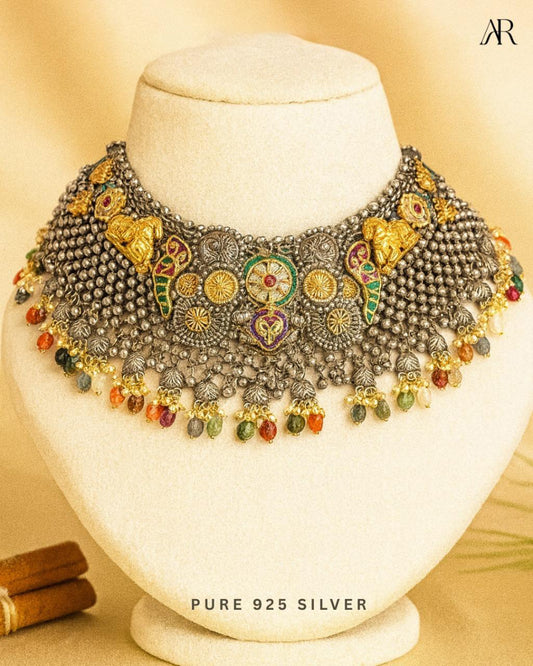 Sterling silver Divine Majesty temple choker with golden accents, temple motifs, and multicolor gemstone beads – AplusR Jewelry