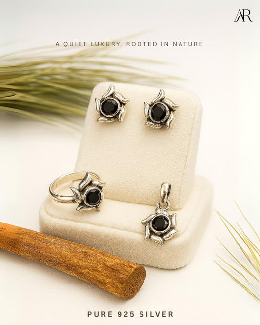 Noir Flora Pendant Set (Earrings, Ring & Pendant)