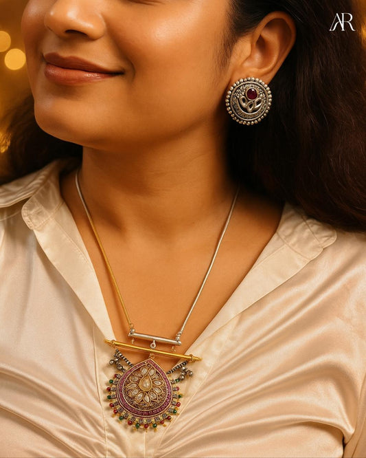 Sterling silver Regal Radiance teardrop necklace with kundan-style pendant and multicolored bead accents – AplusR Jewelry