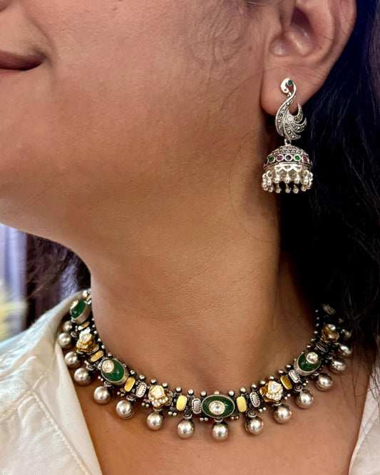 Sterling silver Royal Heirloom choker necklace with green stones, gold accents, and ghungroo silver beads – AplusR Jewelry